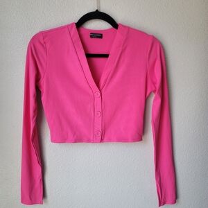 Naked Wardrobe Cropped Ribbed Button Front Cardigan Size Medium In Pink NEW